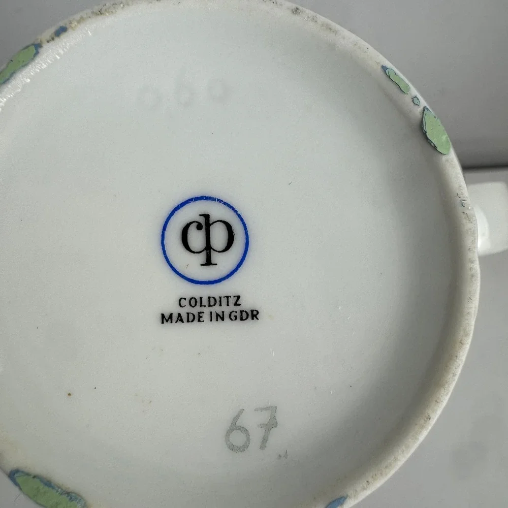 Vintage Colditz Porcelain Coffee Pot GDR East Germany Red Blue MCM‎ Ceramic Lid